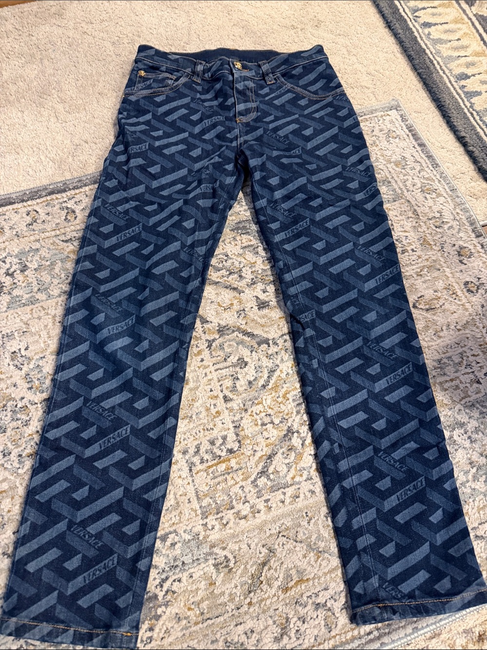 Versace kids Dark Navy All-Over Logo Bootcut Jeans